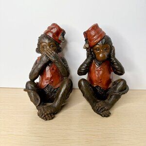 Rare Vintage Hear and Speak No Evil Monkeys with Fez Hat 6" Decor